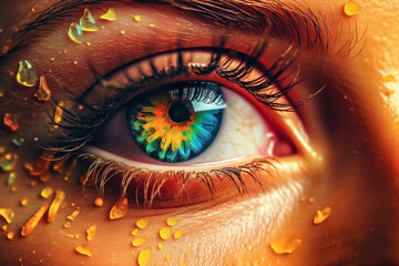 Close-up young woman eye with colorful summer makeup