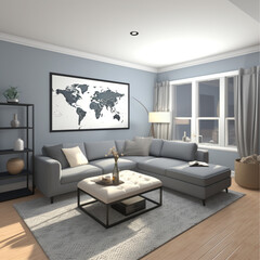 Fototapeta premium a living room with muted blue walls, gray wood panel floors, viewed from the 1st person perspective with 3 walls in frame, the right wall contains two windows with curtains,and a fireplace