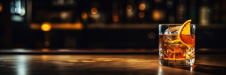 Old Fashioned cocktai served in a faceted glass with ice cubes and a twist of orangeagainst a blurred bar backdrop. Banner size