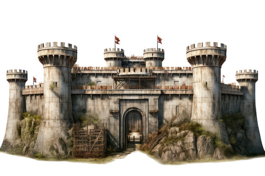 fort surrounded castle with big rocks on transparent background, png file