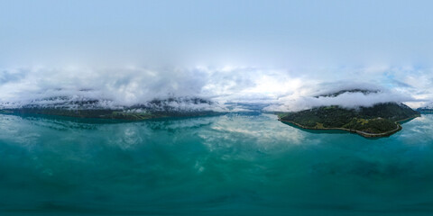 Scenic aerial view above Innvikfjorden fjord in Norway