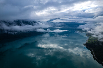 Scenic aerial view above Innvikfjorden fjord in Norway
