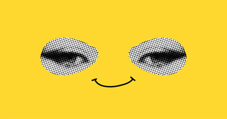 Funny face with eyes and a drawn smile. Collage element in halftone effect. Pop art illustration on bright yellow background. Vector pop art.