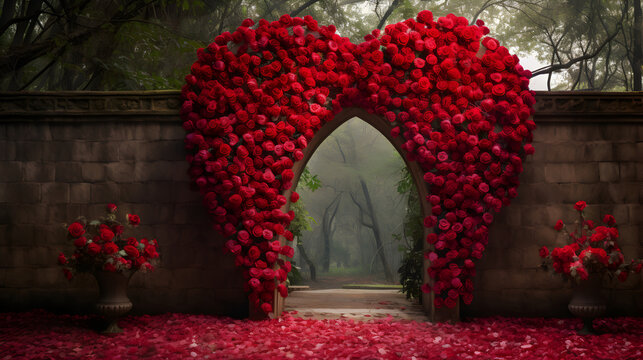 An enchanted garden covered with red flowers and heart-shaped roses, magical Valentine's Day scenery.