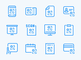 QR code vector line icons. Coded information outline icon set. Digital tag, Ticket, Code Scan, Encrypted data, Payment, Link barcode and more.