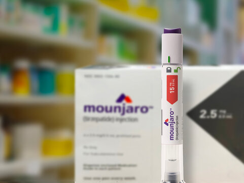 Mounjaro - Tirzepatide with injection pen is an antidiabetic medication used for the treatment of type 2 diabetes to lose weight and control blood sugar. Copenhagen, Denmark - November 8, 2023.