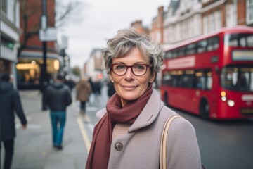 Beautiful middle-aged woman with short gray hair and glasses in the city. - obrazy, fototapety, plakaty