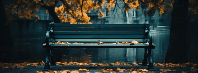 A black bench in a lonely park in autumn.