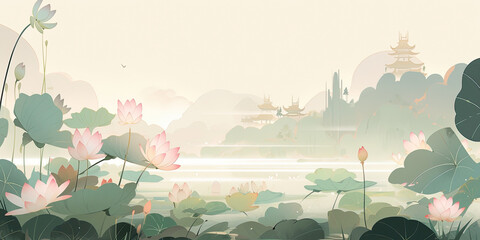  Summer Lotus in the Watercolor Landscape background.