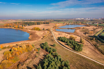 Aerial landscape of autumn lakes and forests in the Kociewie region, Poland.
