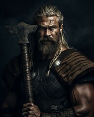 Menacing Viking warrior holding his weapon