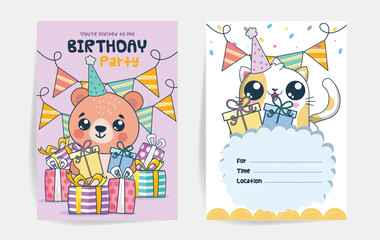 Cute Birthday inviting card with cute little cat and bear seamless pattern with Birthday gifts, birthday decors. Printable A5 size invitation.