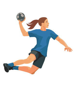 Girl figure of high-jumping professional women's handball player in a blue T-shirt who throws the ball into the goal