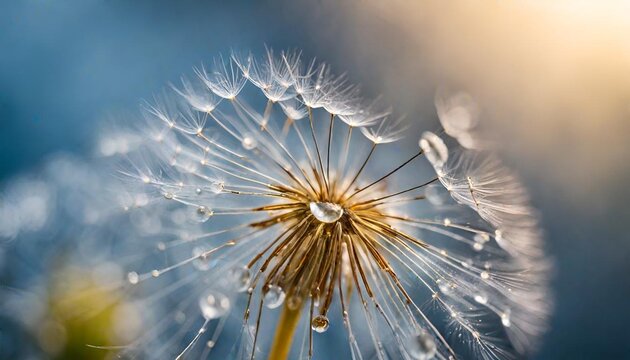 Beautiful dew drops on a dandelion seed macro. Beautiful blue background. Large golden dew drops on a parachute dandelion. Soft dreamy tender artistic image form.