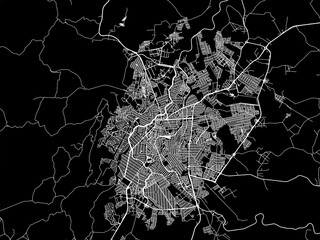 Vector road map of the city of Montes Claros in Brazil with white roads on a black background.