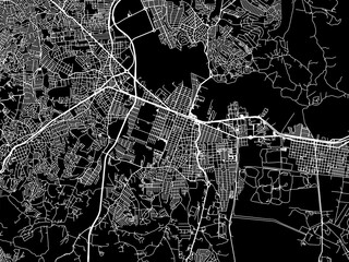 Vector road map of the city of Suzano in Brazil with white roads on a black background.