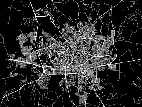 Vector road map of the city of Uberaba in Brazil with white roads on a black background.