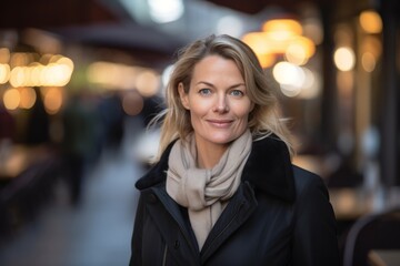 Portrait of a beautiful middle-aged woman in a black coat and scarf on a city street.
