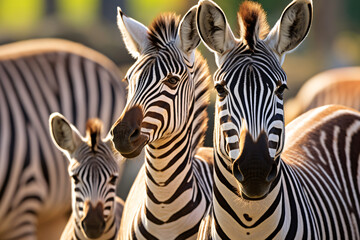 Herd of zebras mother and foal with family in grassland savanna, close up shot, beautiful wildlife animal background.