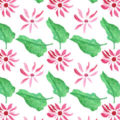 Seamless pattern of elements with spring flowers and leaves. Hand drawn watercolor illustration isolated on white background