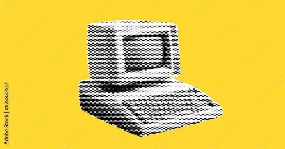 Fototapete old retro computer with keyboard and monitor for writer. collage element in halftone effect. pop art