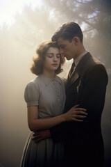 young 1900 couple in love - warm sunset - early morning dew - 1940s young teen couple