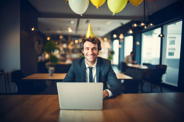 A businessman celebrating his birthday at the office with a festive party hat, showcasing a joyful and happy moment in the corporate world.