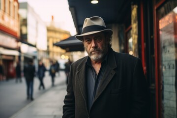 Portrait of a senior man in a hat and coat on a city street.