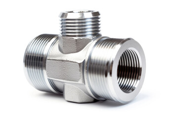 A close-up of a metallic plumbing connector, a vital fitting for industrial water pipelines, with a white background for clarity.