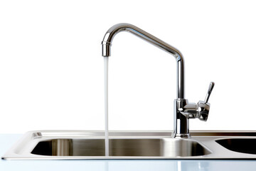 The flow of cold water from a sleek, silver kitchen faucet, demonstrating the elegance and liquid consumption in a contemporary room.