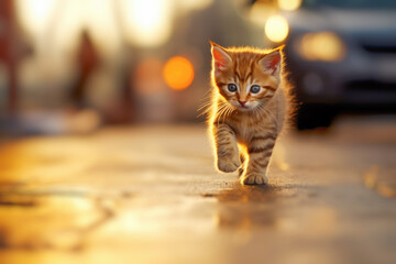 Kitten running across a city street, causing serious danger and accident threat - obrazy, fototapety, plakaty