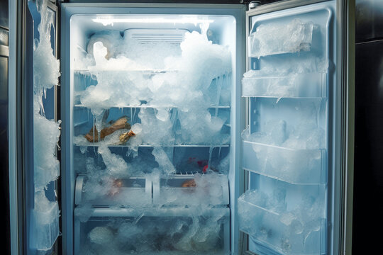 Icicles forming on the interior of a refrigerator freezer, creating a frigid and frosty backdrop.