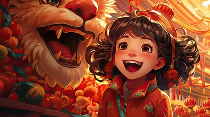 Obraz premium Girl with Chinese lion dances celebrating Chinese new year