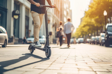 The electric scooter, a symbol of advanced technology, offers an efficient and sustainable mode of urban mobility. - obrazy, fototapety, plakaty