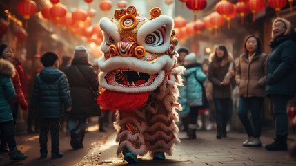 Chinese lion dancing and celebrating the Chinese New Year in the street - obrazy, fototapety, plakaty