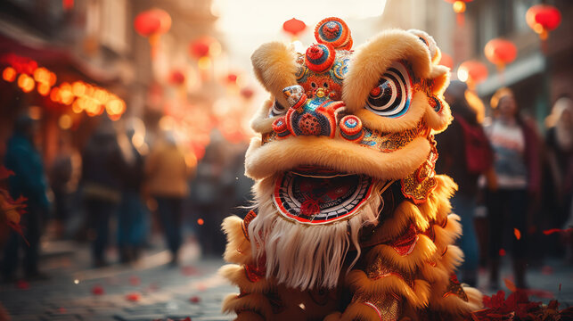 Chinese lion dancing and celebrating the Chinese New Year in the street