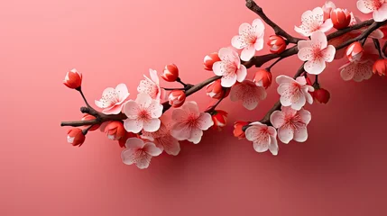 Plexiglas foto achterwand real peach blossom on red background, Chinese Spring Festival cards, wallpaper © hakule