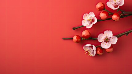 real peach blossom on red background, Chinese Spring Festival cards, wallpaper