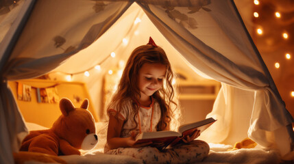 Child is reading a book, sitting in her little tent like, indoors - obrazy, fototapety, plakaty