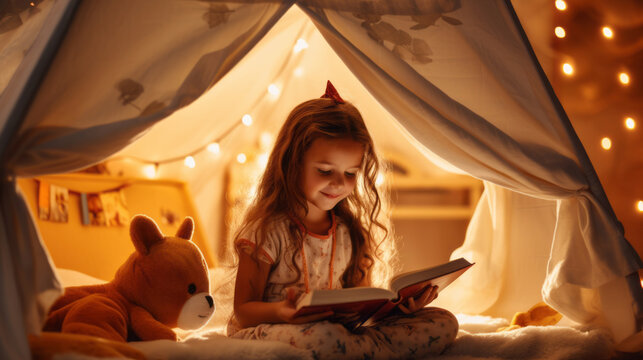Child is reading a book, sitting in her little tent like, indoors