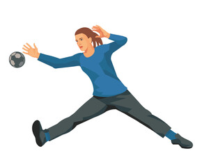 Fototapeta na wymiar Girl figure of a professional women's handball goalkeeper in a blue uniform jumps in the splits and catches the ball