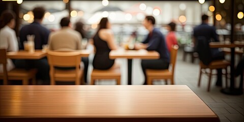 Empty clean wooden table and blurred cafe interior with people in background. Generative Ai. Copy space