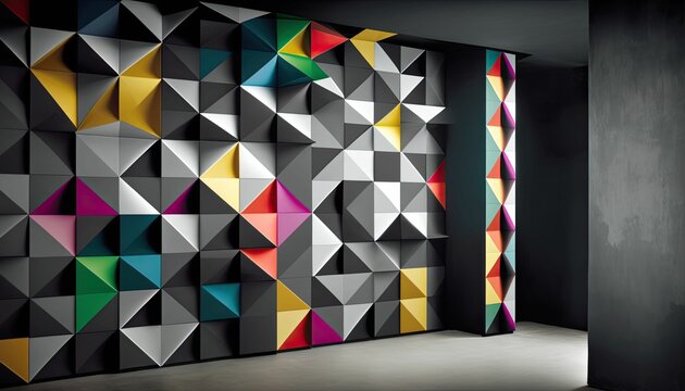 AI generated illustration of graphic interior in postmodern style, asymmetrical cubes