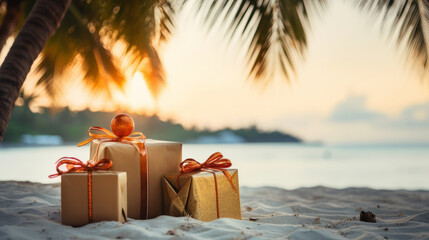 Christmas presents, gifts on the tropical beach under palms - obrazy, fototapety, plakaty