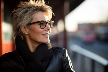 Portrait of a beautiful middle-aged woman wearing glasses and a black leather jacket