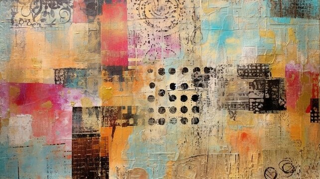 Generative AI, vintage grunge colorful collage background. Different textures and shapes..