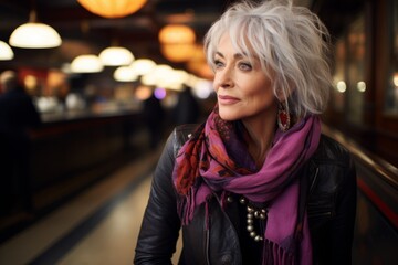 Portrait of a beautiful mature woman with short blond hair in a restaurant