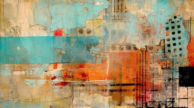 Generative AI, vintage grunge colorful collage background. Different textures and shapes..