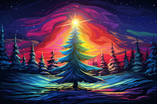 Christmas tree in winter landscape in neon colors