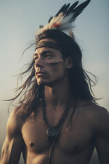 Handsome Young Native American Warrior Man - Sunset - Feather Warbonnet - Cherokee - obrazy, fototapety, plakaty
